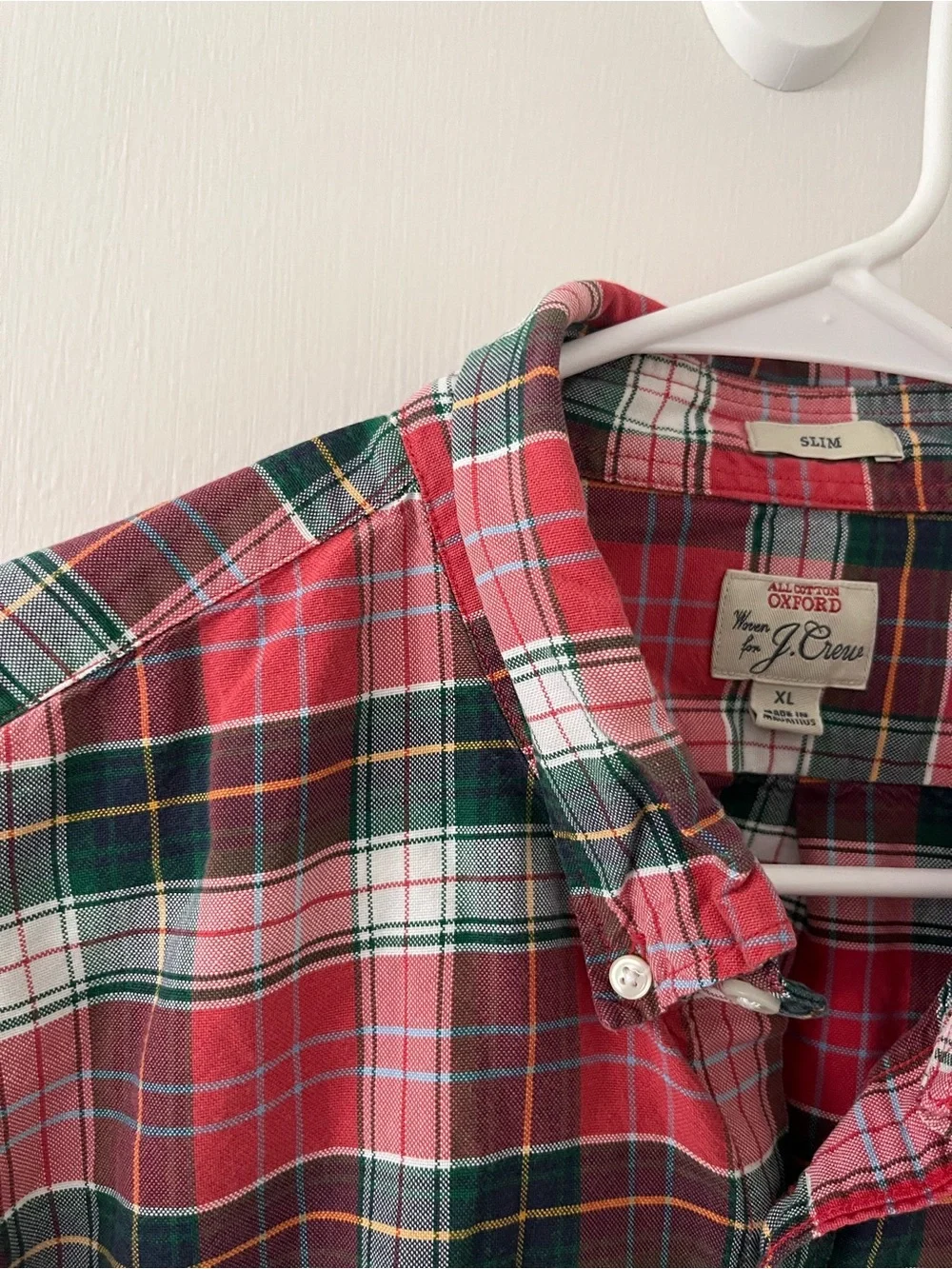J. Crew Men’s All Cotton Oxford Button Down  Slim Fit Plaid Red White Green XL